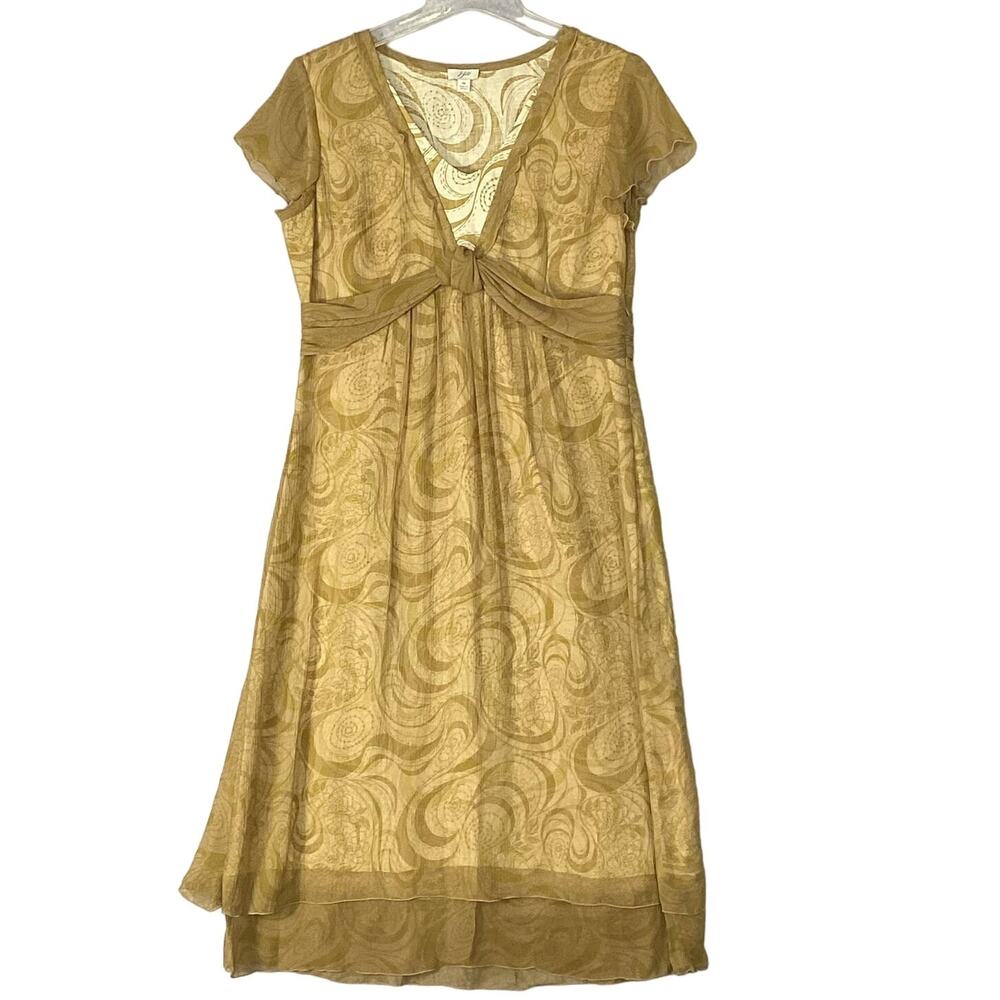Gold Paisley-Print V-Neck Midi Dress